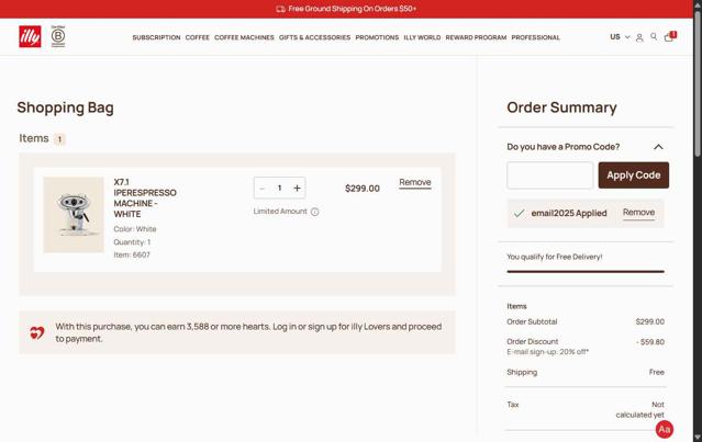 illycaffè checkout page showing illycaffè promo code box | Screenshot taken by SimplyCodes community member on Jun 19, 2025