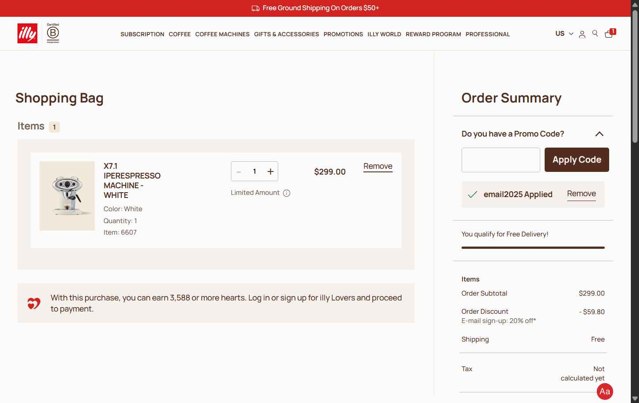 illycaffè checkout page showing illycaffè promo code box | Screenshot taken by SimplyCodes community member on Jun 19, 2025
