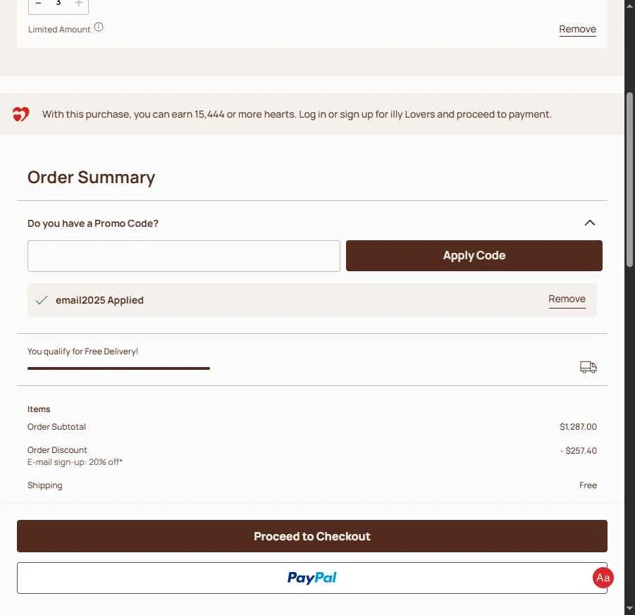 illycaffè checkout page showing illycaffè promo code box | Screenshot taken by SimplyCodes community member on Feb 7, 2026