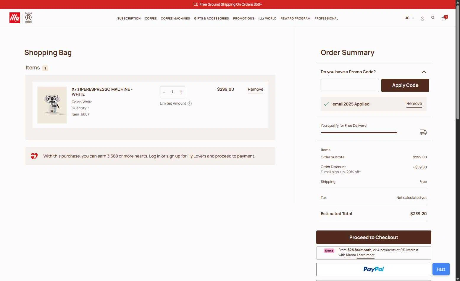 illycaffè checkout page showing illycaffè promo code box | Screenshot taken by SimplyCodes community member on Jul 17, 2025