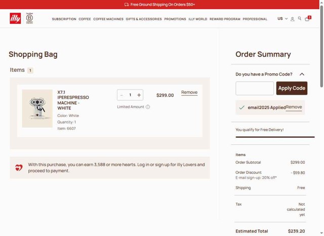 illycaffè checkout page showing illycaffè promo code box | Screenshot taken by SimplyCodes community member on Jul 17, 2025