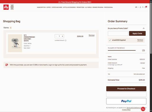 illycaffè checkout page showing illycaffè promo code box | Screenshot taken by SimplyCodes community member on Aug 30, 2025