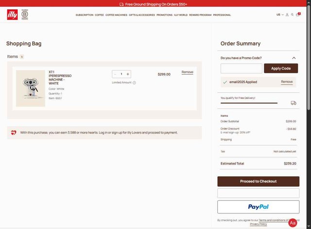illycaffè checkout page showing illycaffè promo code box | Screenshot taken by SimplyCodes community member on Aug 30, 2025