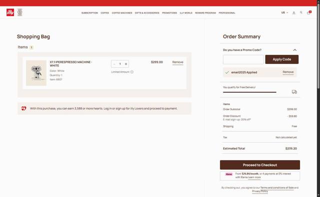 illycaffè checkout page showing illycaffè promo code box | Screenshot taken by SimplyCodes community member on Jul 17, 2025