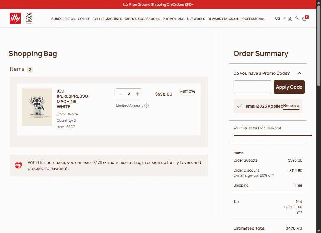 illycaffè checkout page showing illycaffè promo code box | Screenshot taken by SimplyCodes community member on Jul 17, 2025