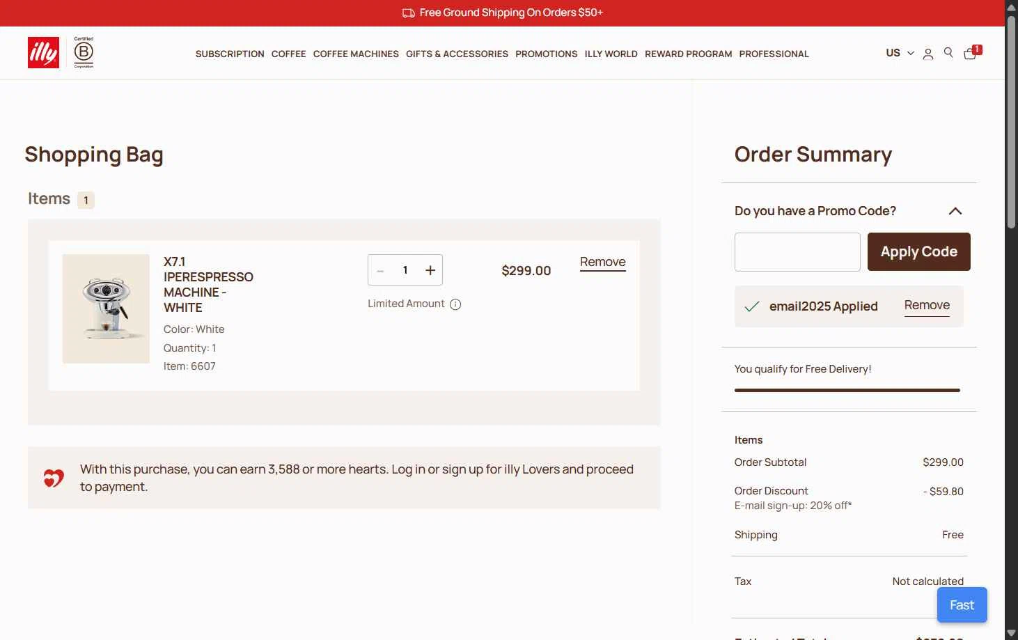 illycaffè checkout page showing illycaffè promo code box | Screenshot taken by SimplyCodes community member on Aug 16, 2025
