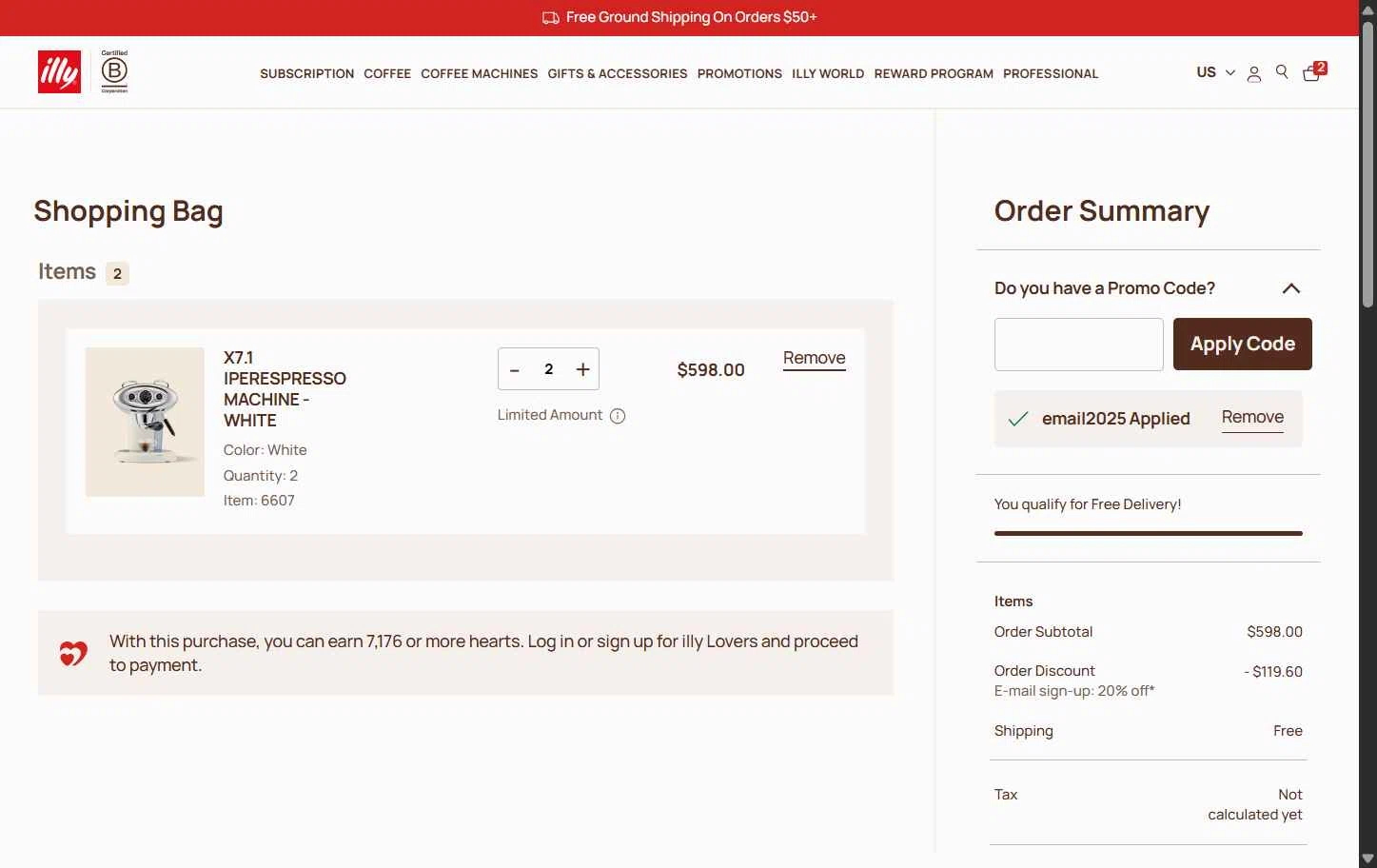illycaffè checkout page showing illycaffè promo code box | Screenshot taken by SimplyCodes community member on Jul 17, 2025
