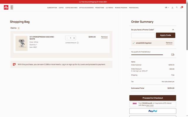 illycaffè checkout page showing illycaffè promo code box | Screenshot taken by SimplyCodes community member on Jul 17, 2025