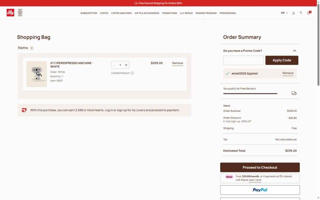 illycaffè checkout page showing illycaffè promo code box | Screenshot taken by SimplyCodes community member on Jul 17, 2025