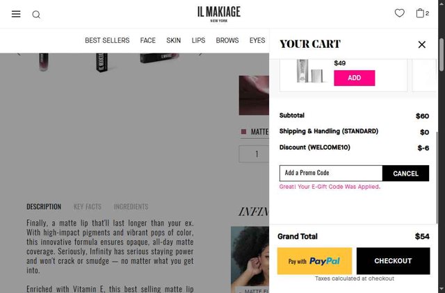IL MAKIAGE checkout page showing IL MAKIAGE promo code box | Screenshot taken by SimplyCodes community member on Aug 1, 2025