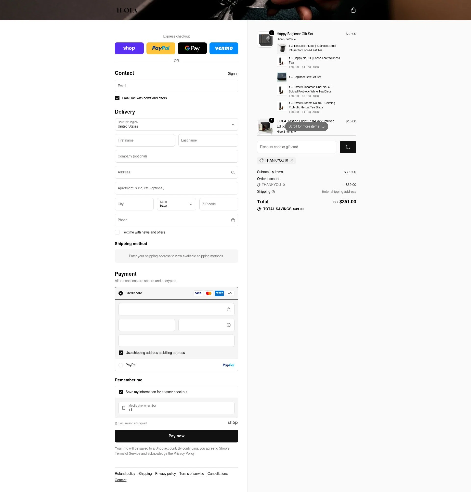 iLOLA Tea checkout page showing iLOLA Tea promo code box | Screenshot taken by SimplyCodes community member on Dec 30, 2025