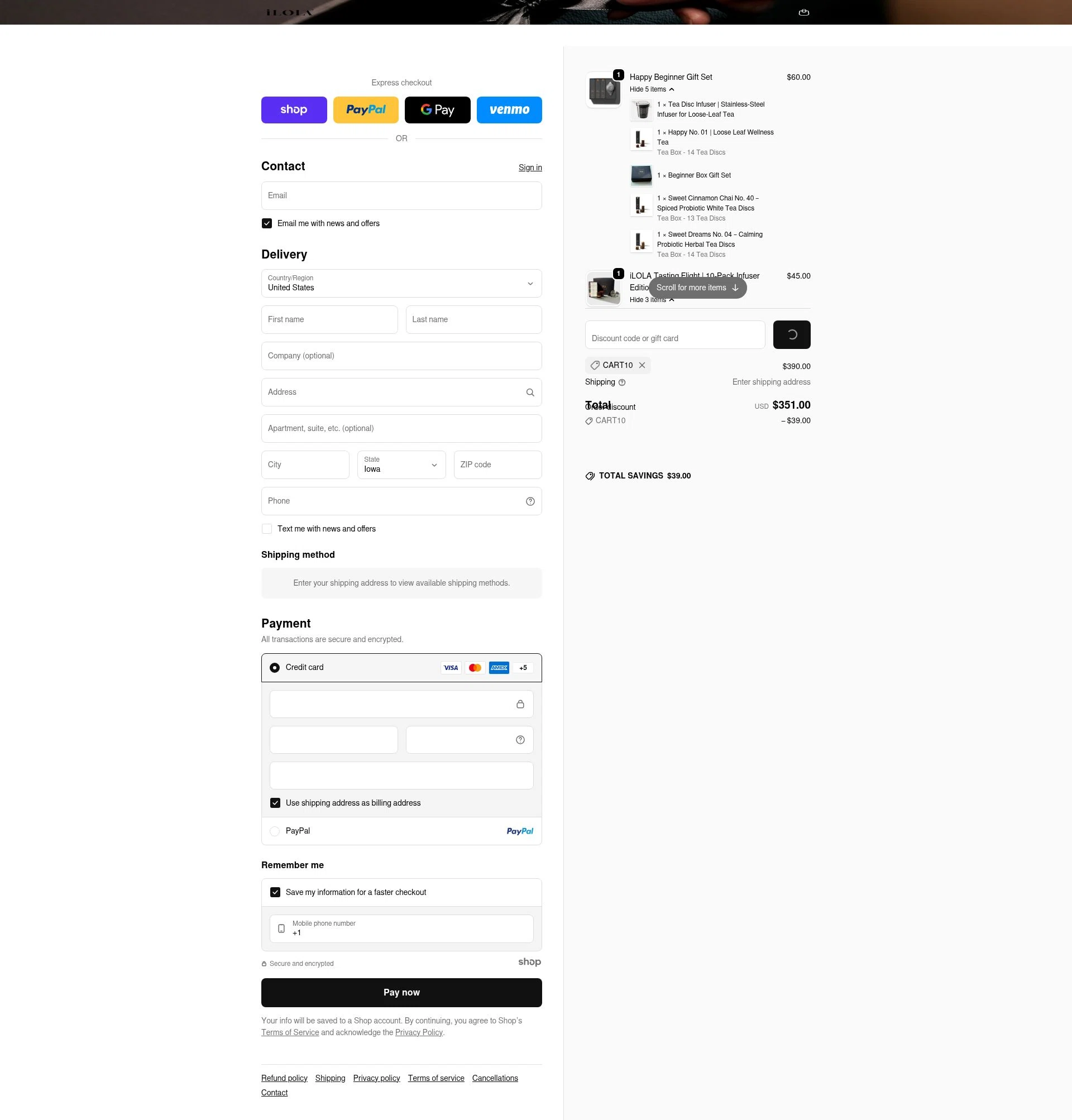 iLOLA Tea checkout page showing iLOLA Tea promo code box | Screenshot taken by SimplyCodes community member on Jan 4, 2026