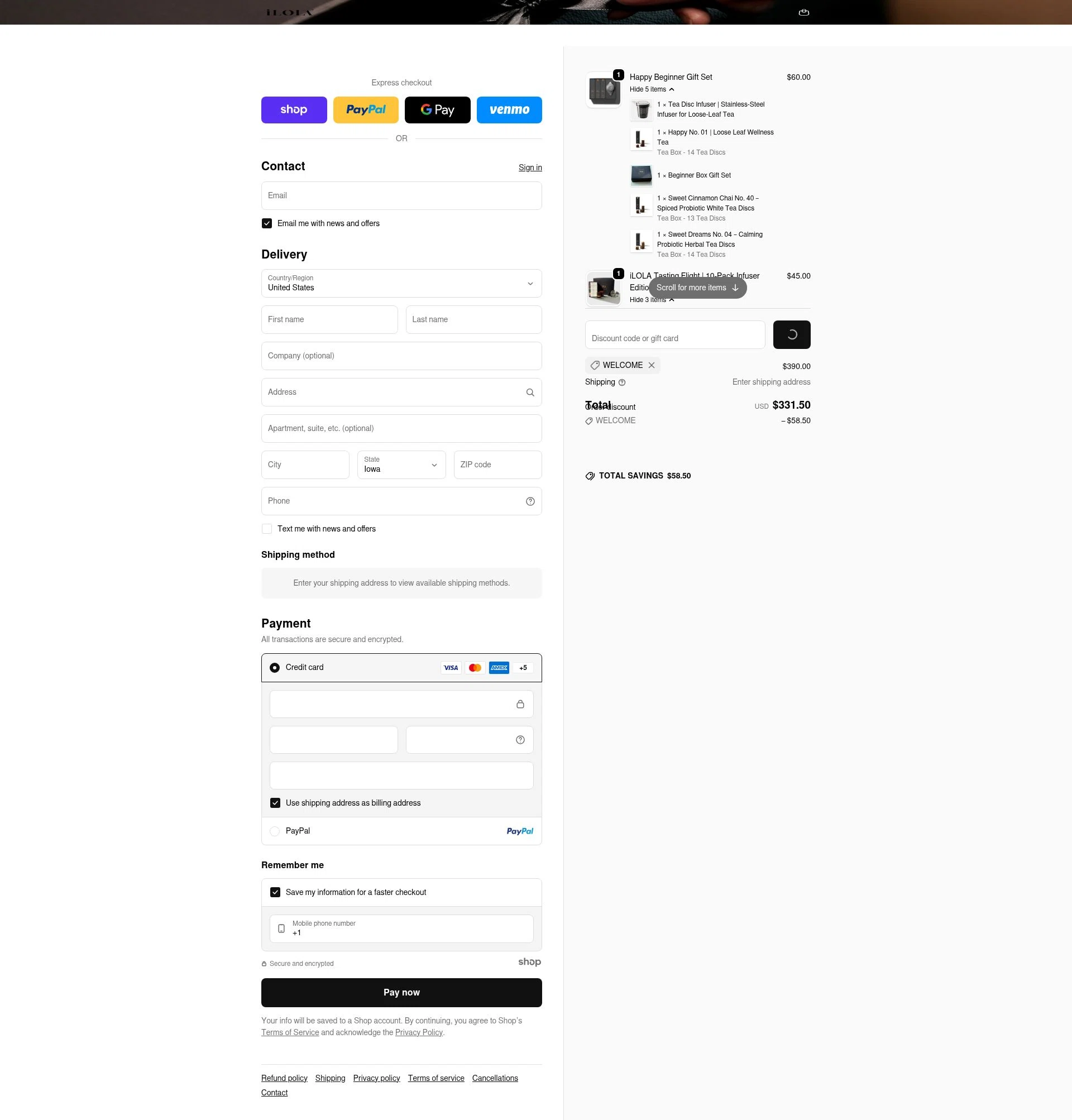 iLOLA Tea checkout page showing iLOLA Tea promo code box | Screenshot taken by SimplyCodes community member on Jan 4, 2026
