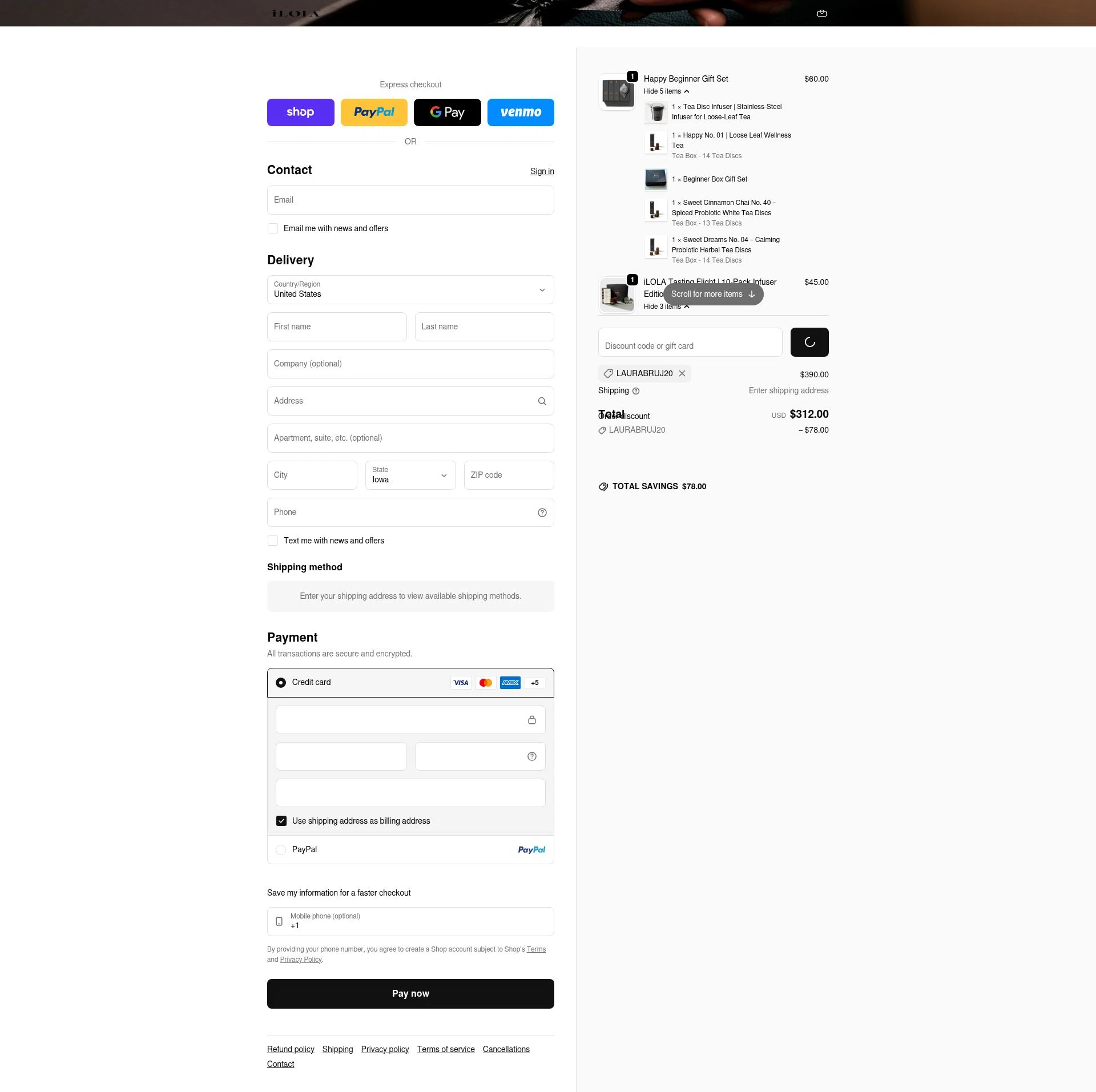 iLOLA Tea checkout page showing iLOLA Tea promo code box | Screenshot taken by SimplyCodes community member on Jan 9, 2026