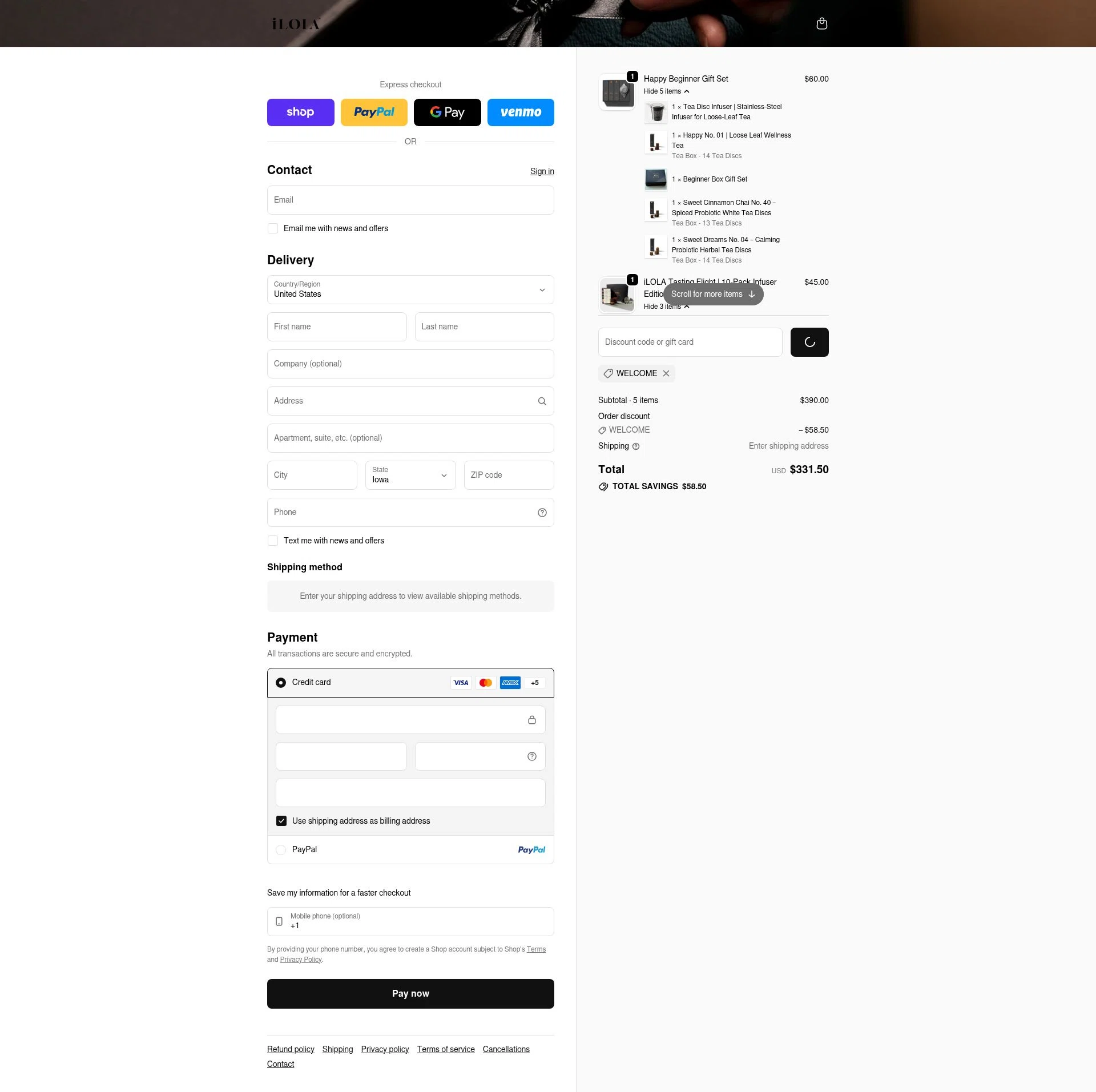 iLOLA Tea checkout page showing iLOLA Tea promo code box | Screenshot taken by SimplyCodes community member on Jan 9, 2026
