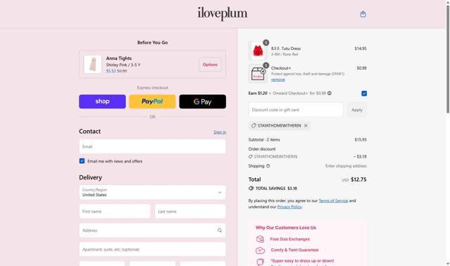 Iloveplum checkout page showing Iloveplum promo code box | Screenshot taken by SimplyCodes community member on Sep 14, 2025