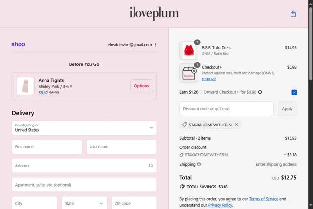 Iloveplum checkout page showing Iloveplum promo code box | Screenshot taken by SimplyCodes community member on Sep 14, 2025