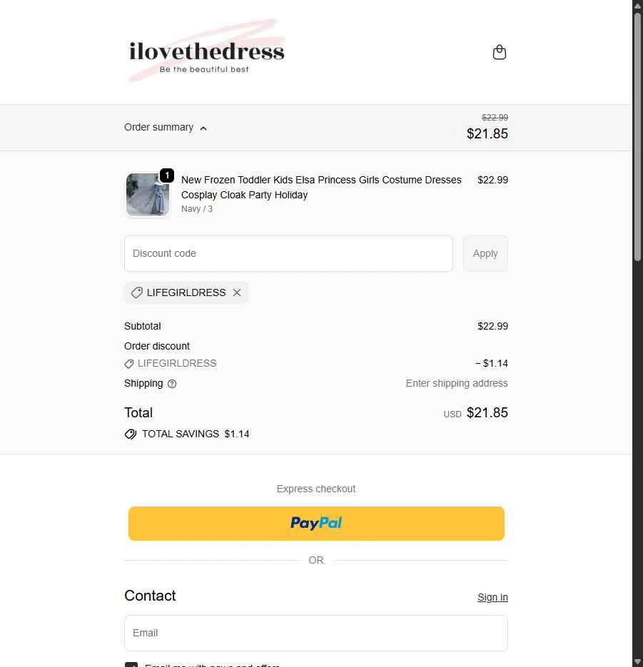 I Love The Dress checkout page showing I Love The Dress discount code box | Screenshot taken by SimplyCodes community member on Dec 31, 2025