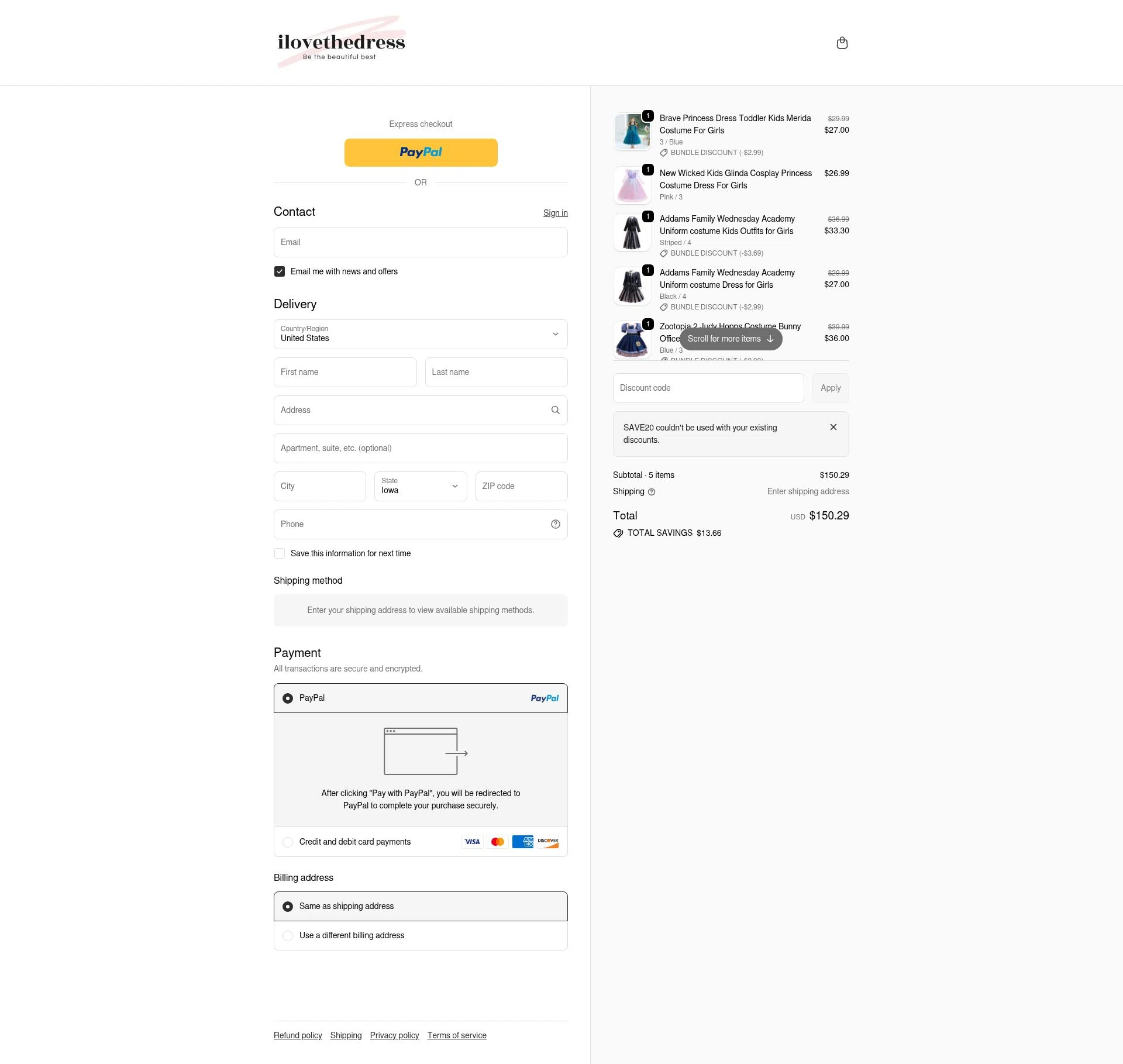 I Love The Dress checkout page showing I Love The Dress discount code box | Screenshot taken by SimplyCodes community member on Dec 29, 2025
