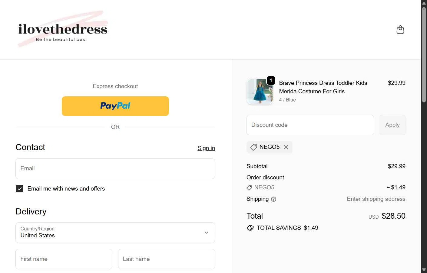 I Love The Dress checkout page showing I Love The Dress discount code box | Screenshot taken by SimplyCodes community member on Dec 29, 2025