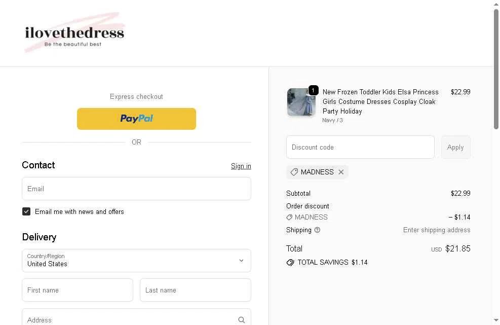 I Love The Dress checkout page showing I Love The Dress discount code box | Screenshot taken by SimplyCodes community member on Dec 30, 2025