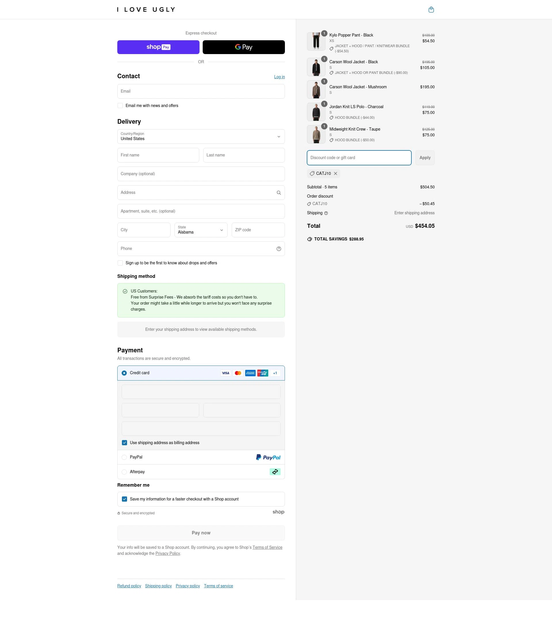 I Love Ugly checkout page showing I Love Ugly discount code box | Screenshot taken by SimplyCodes community member on May 12, 2025
