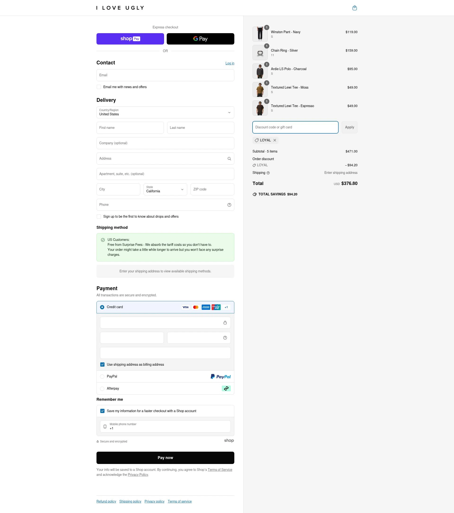 I Love Ugly checkout page showing I Love Ugly discount code box | Screenshot taken by SimplyCodes community member on Jun 7, 2025