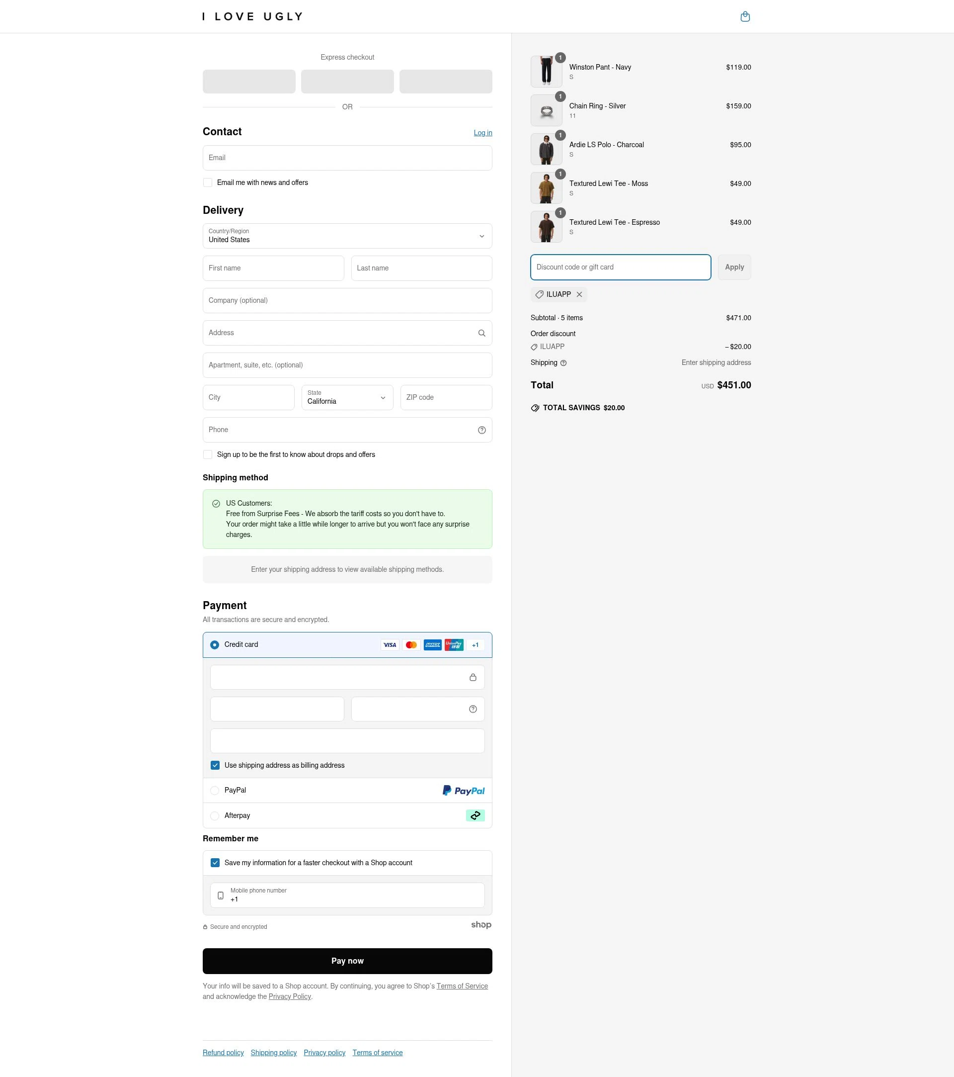 I Love Ugly checkout page showing I Love Ugly discount code box | Screenshot taken by SimplyCodes community member on Jun 7, 2025