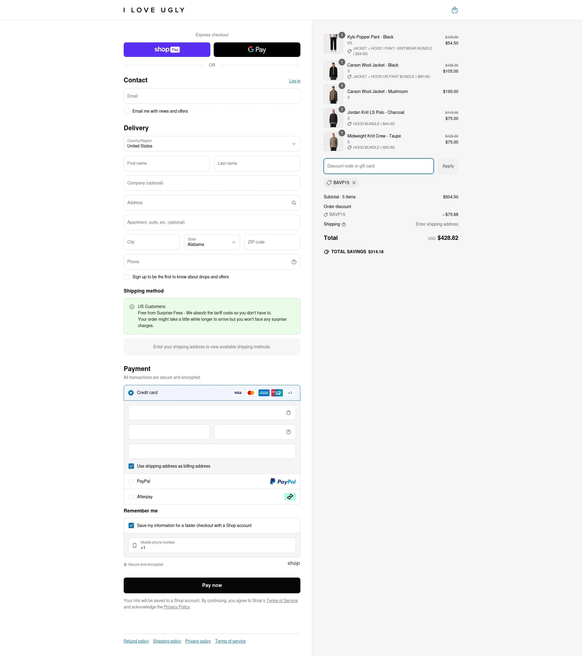 I Love Ugly checkout page showing I Love Ugly discount code box | Screenshot taken by SimplyCodes community member on May 12, 2025