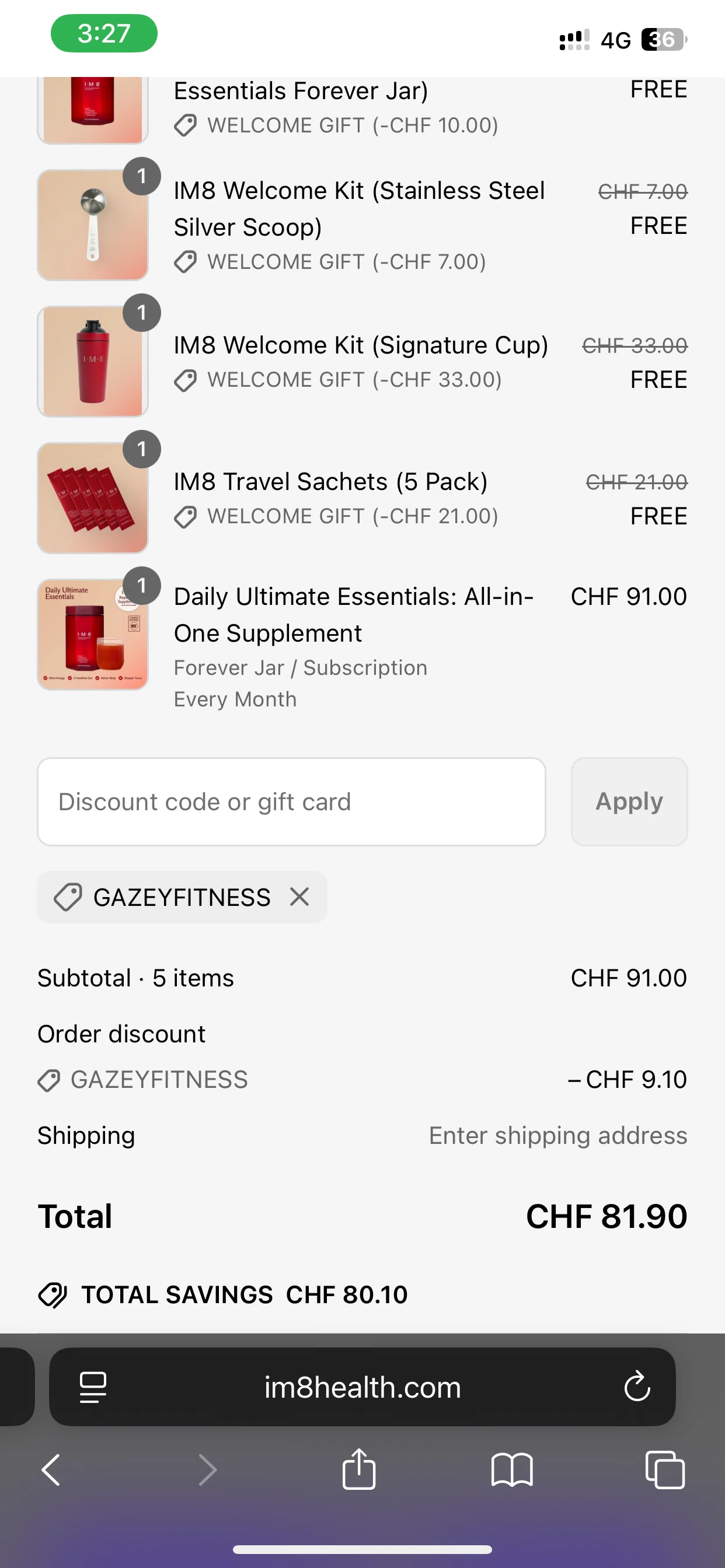 IM8 Health discount code screenshot showing code GAZEYFITNESS applied at IM8 Health checkout page. Uploaded by SimplyCodes community member SmartMaestro6327 on Jan 11, 2026