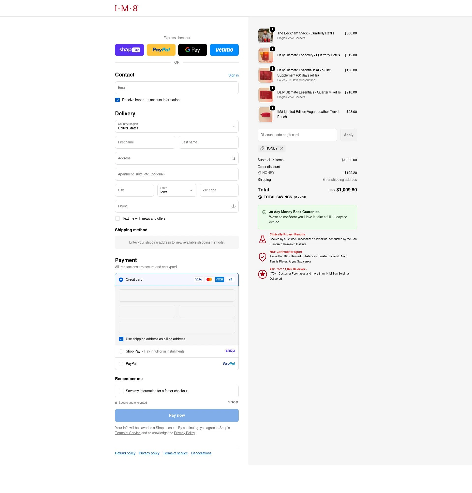 IM8 Health checkout page showing IM8 Health discount code box | Screenshot taken by SimplyCodes community member on Jan 7, 2026