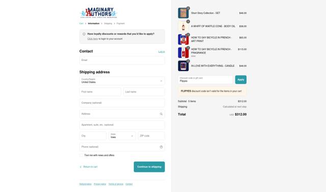 Imaginary Authors checkout page showing Imaginary Authors discount code box | Screenshot taken by SimplyCodes community member on Sep 8, 2025