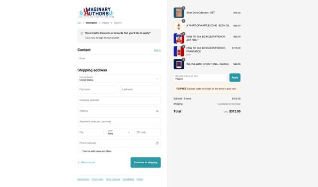 Imaginary Authors checkout page showing Imaginary Authors discount code box | Screenshot taken by SimplyCodes community member on Sep 12, 2025