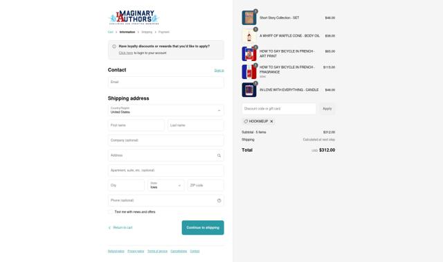 Imaginary Authors checkout page showing Imaginary Authors discount code box | Screenshot taken by SimplyCodes community member on Sep 12, 2025