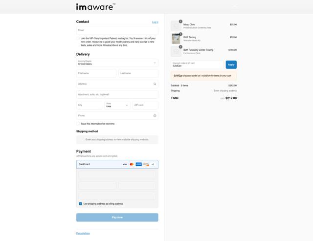 Imaware checkout page showing Imaware coupon code box | Screenshot taken by SimplyCodes community member on Sep 7, 2025