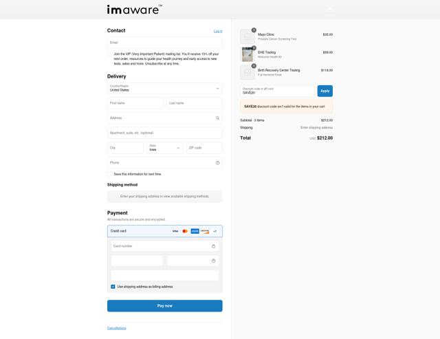 Imaware checkout page showing Imaware coupon code box | Screenshot taken by SimplyCodes community member on Sep 3, 2025