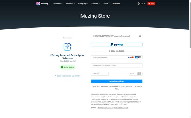 iMazing checkout page showing iMazing discount code box | Screenshot taken by SimplyCodes community member on Jul 11, 2025