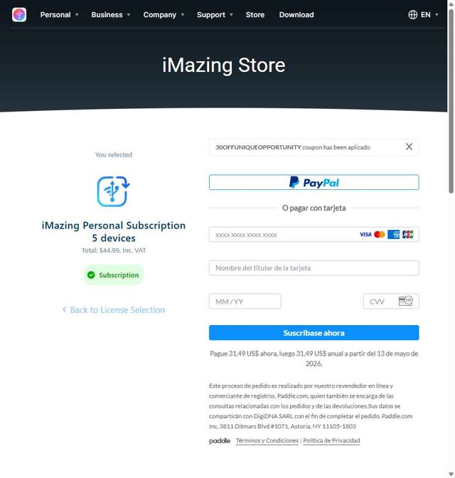 iMazing checkout page showing iMazing discount code box | Screenshot taken by SimplyCodes community member on May 13, 2025