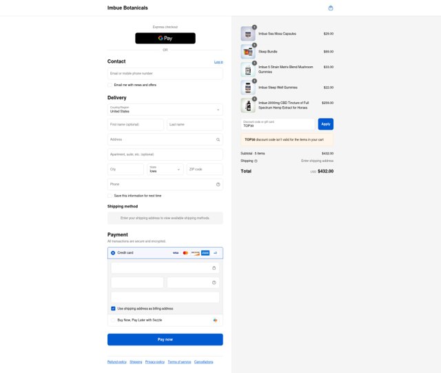 Imbue Botanicals checkout page showing Imbue Botanicals coupon code box | Screenshot taken by SimplyCodes community member on Sep 8, 2025
