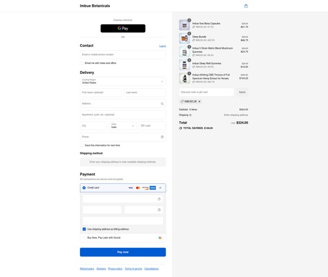 Imbue Botanicals checkout page showing Imbue Botanicals coupon code box | Screenshot taken by SimplyCodes community member on Sep 8, 2025
