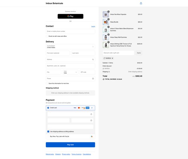 Imbue Botanicals checkout page showing Imbue Botanicals coupon code box | Screenshot taken by SimplyCodes community member on Sep 8, 2025