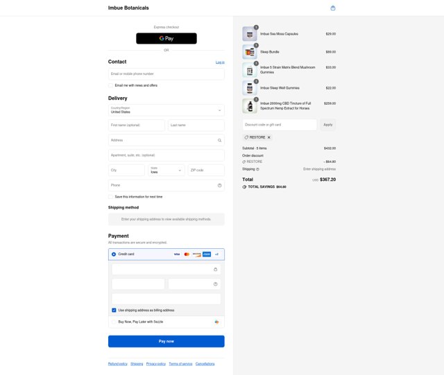 Imbue Botanicals checkout page showing Imbue Botanicals coupon code box | Screenshot taken by SimplyCodes community member on Sep 8, 2025