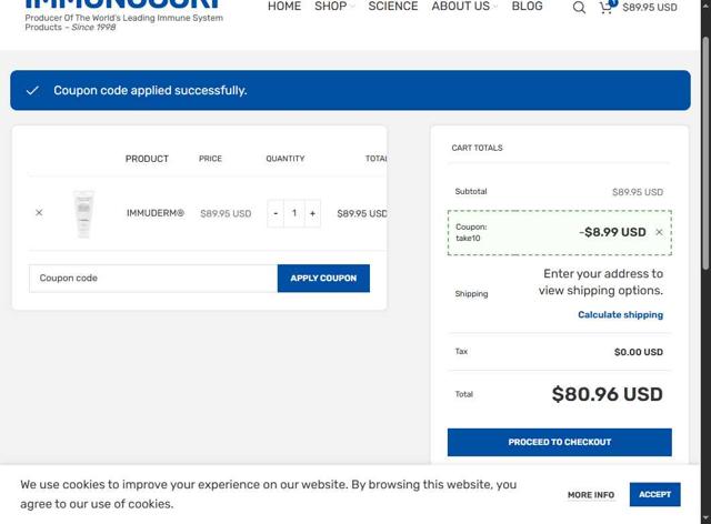 IMMUNOCORP checkout page showing IMMUNOCORP coupon code box | Screenshot taken by SimplyCodes community member on Aug 28, 2025