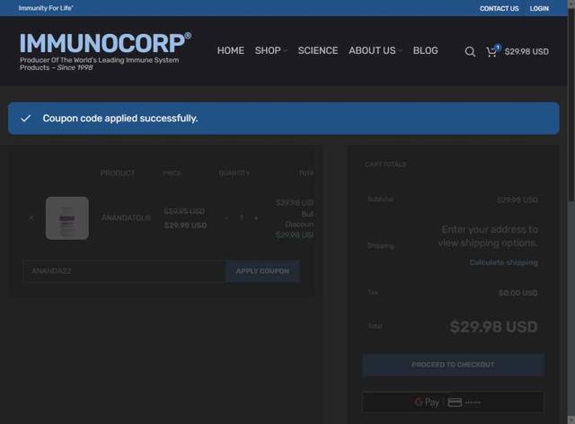 IMMUNOCORP checkout page showing IMMUNOCORP coupon code box | Screenshot taken by SimplyCodes community member on Sep 3, 2025