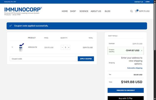 IMMUNOCORP checkout page showing IMMUNOCORP coupon code box | Screenshot taken by SimplyCodes community member on Aug 9, 2025
