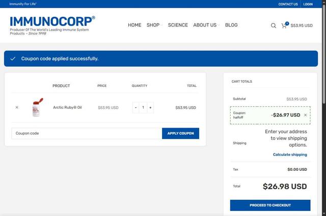 IMMUNOCORP checkout page showing IMMUNOCORP coupon code box | Screenshot taken by SimplyCodes community member on Aug 28, 2025