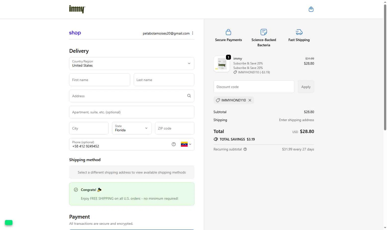 immy checkout page showing immy promo code box | Screenshot taken by SimplyCodes community member on Sep 22, 2025