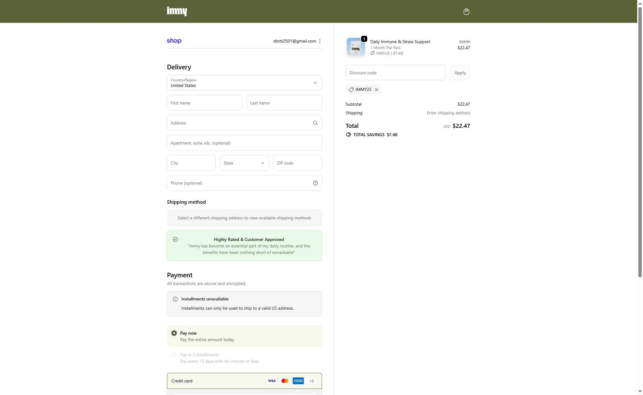 immy checkout page showing immy promo code box | Screenshot taken by SimplyCodes community member on Nov 27, 2025
