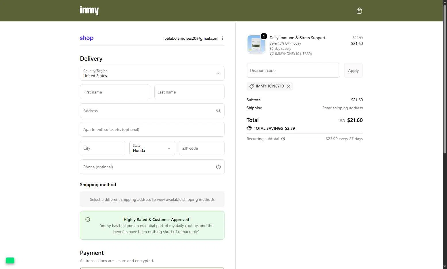 immy checkout page showing immy promo code box | Screenshot taken by SimplyCodes community member on Dec 18, 2025