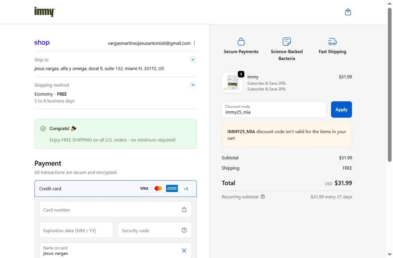 immy checkout page showing immy promo code box | Screenshot taken by SimplyCodes community member on Sep 25, 2025